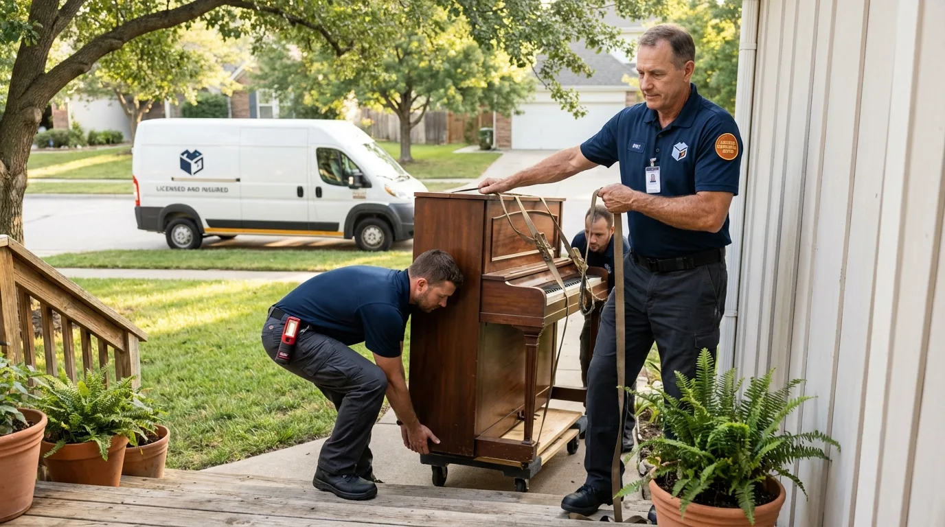 Licensed piano movers securing grand piano in Barnstable, MA